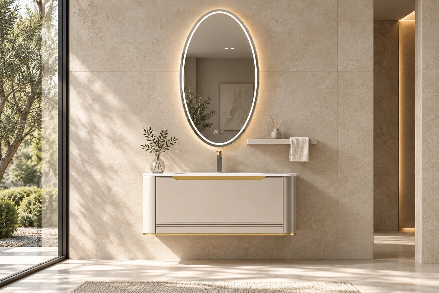 ARC Aria vanity with its oval illuminated mirror and champagne cabinet in a sunlit stone bathroom concept